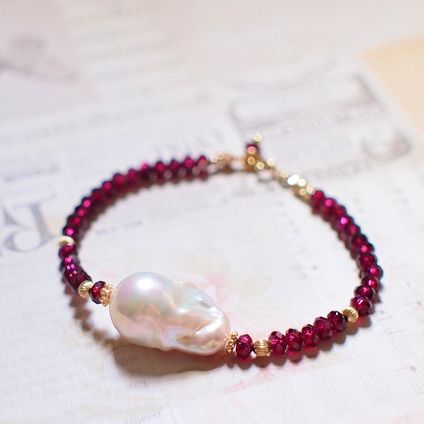 White Baroque Pearl x Garnet Bracelet // Bold & Elegant // 14K Gold-filled