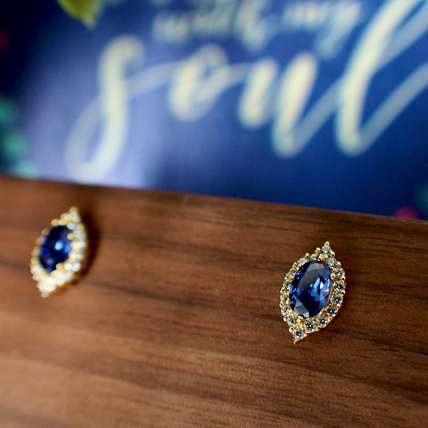 Blue Spinel Earrings // Halo Setting // Cubic Zirconia // 14K Yellow Gold Plated Over Silver