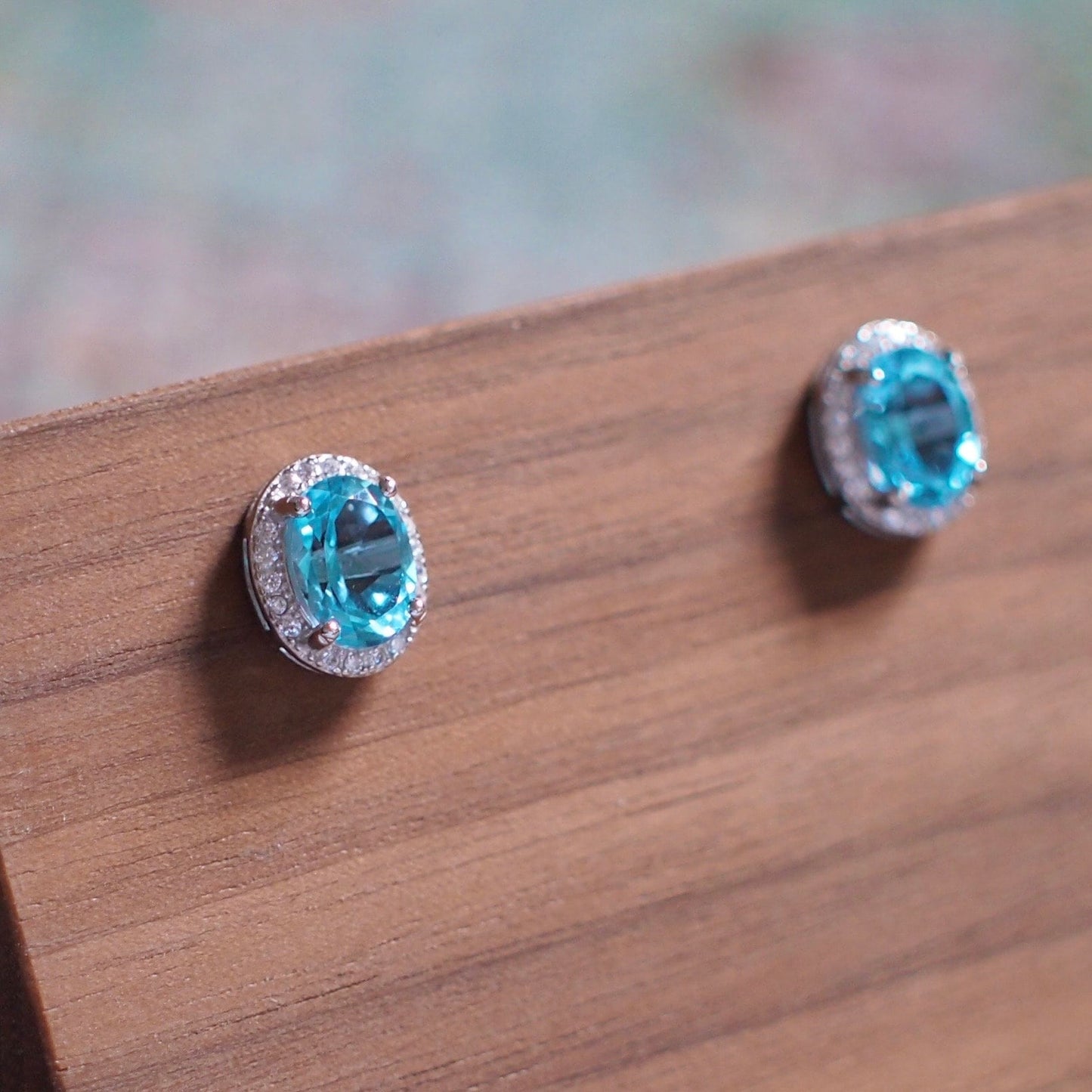 Blue Topaz Earrings // Halo Setting // Cubic Zirconia // 18K White Gold Plated Over Silver