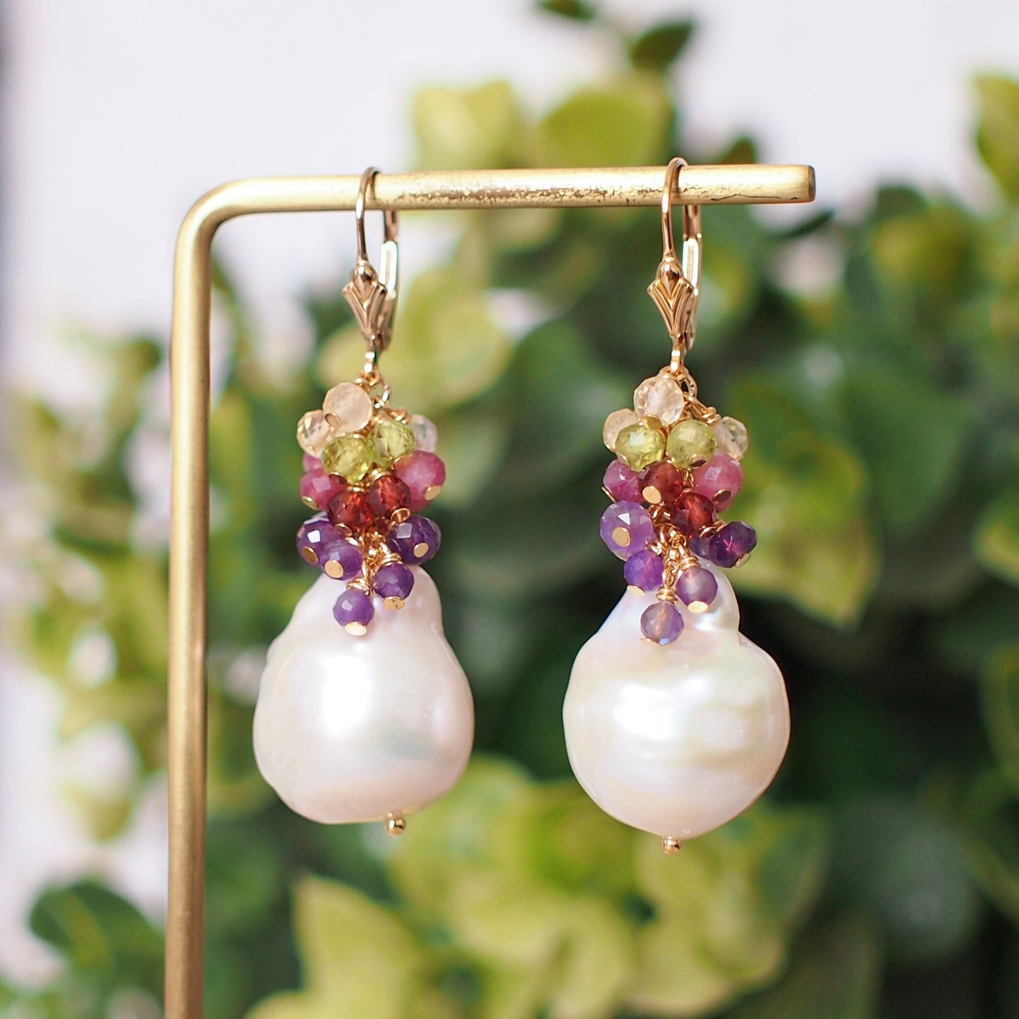 Baroque Pearl Earrings // Flameball Pearls// Colourful Gems Cluster // Elaborated // 14K Gold-filled // Elegant & Gorgeous