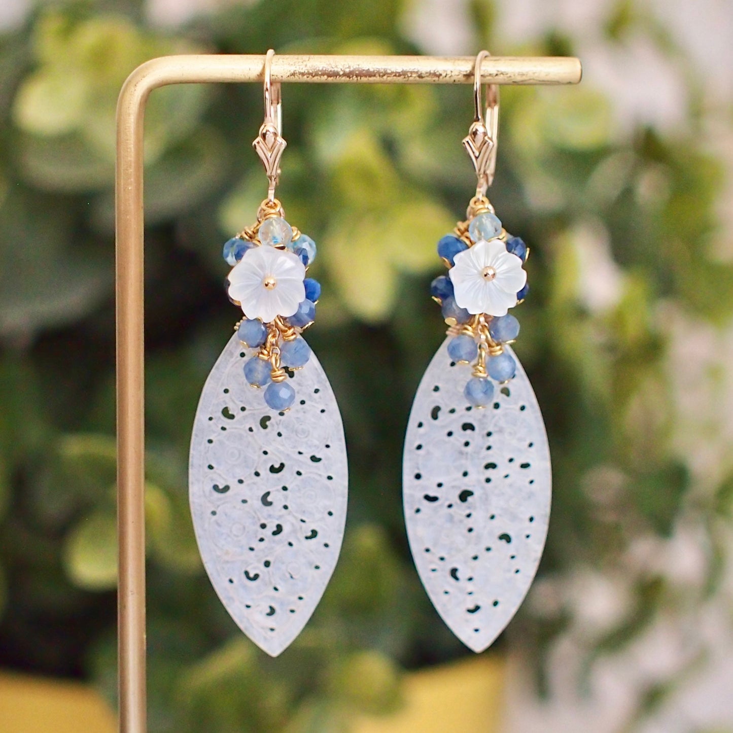 Type A White Carved Jadeite Statement Earrings // Blue Gem Cluster // 14K Gold-filled // Graceful & Regal