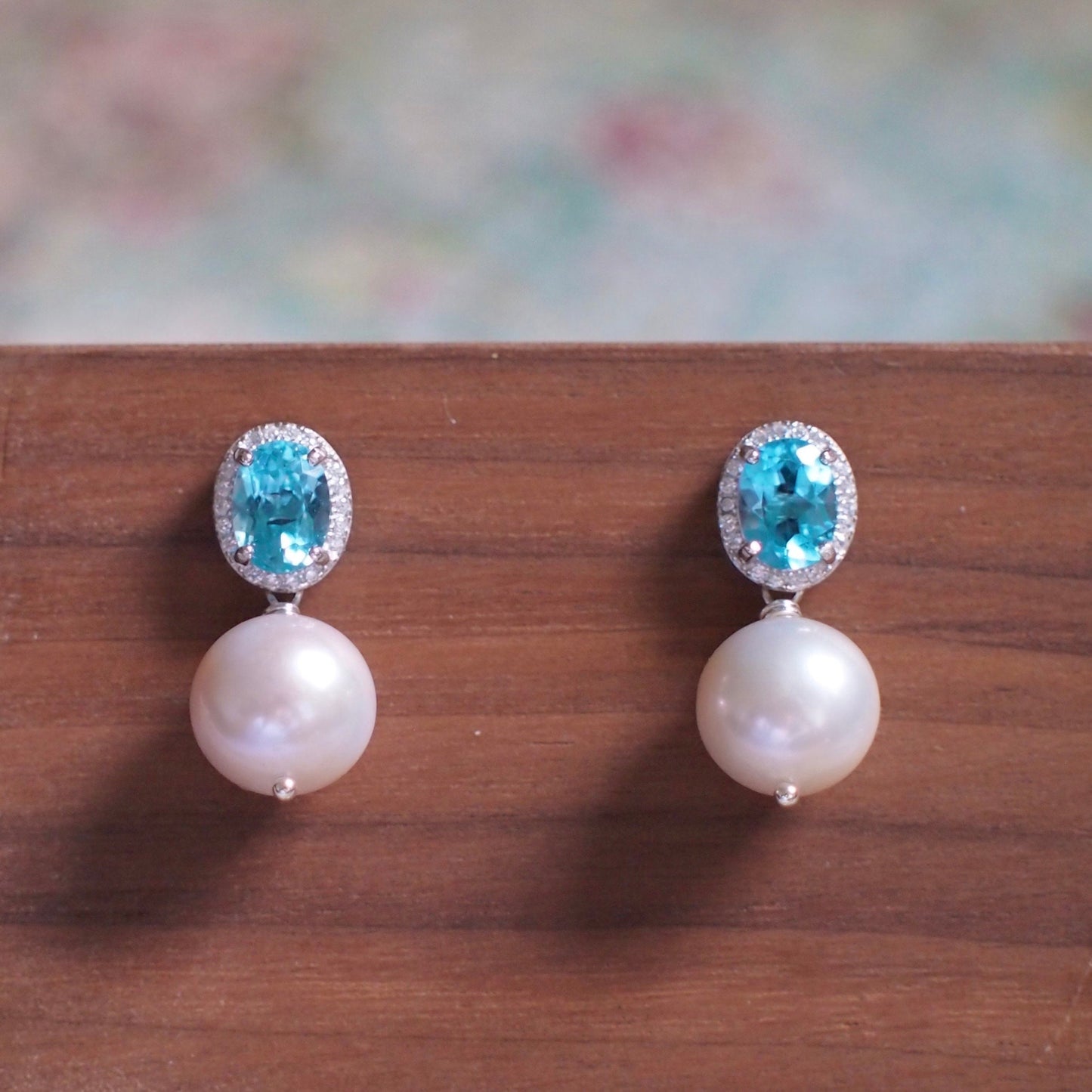 Blue Topaz Earrings // Halo Setting // Cubic Zirconia // 18K White Gold Plated Over Silver