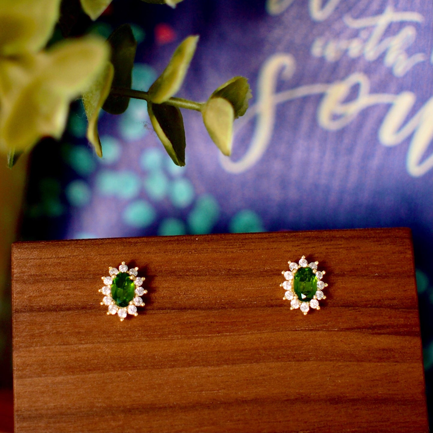 Diopside Earrings // Halo Setting // Cubic Zirconia // 14K Yellow Gold Plated Over Silver