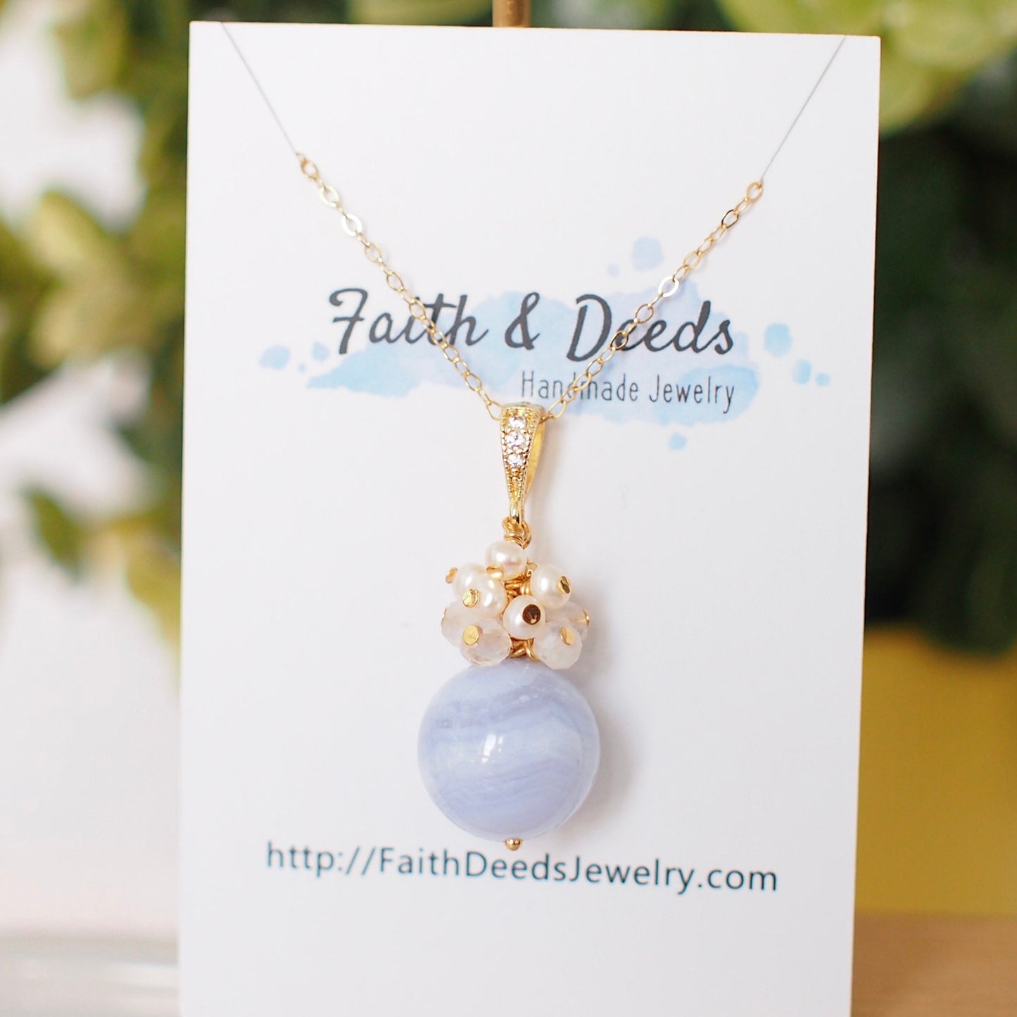 Blue Lace Agate Pendant // Gem Pendant // Moonstones x Pearls Cluster // 14K Gold-filled // Sweet and Graceful