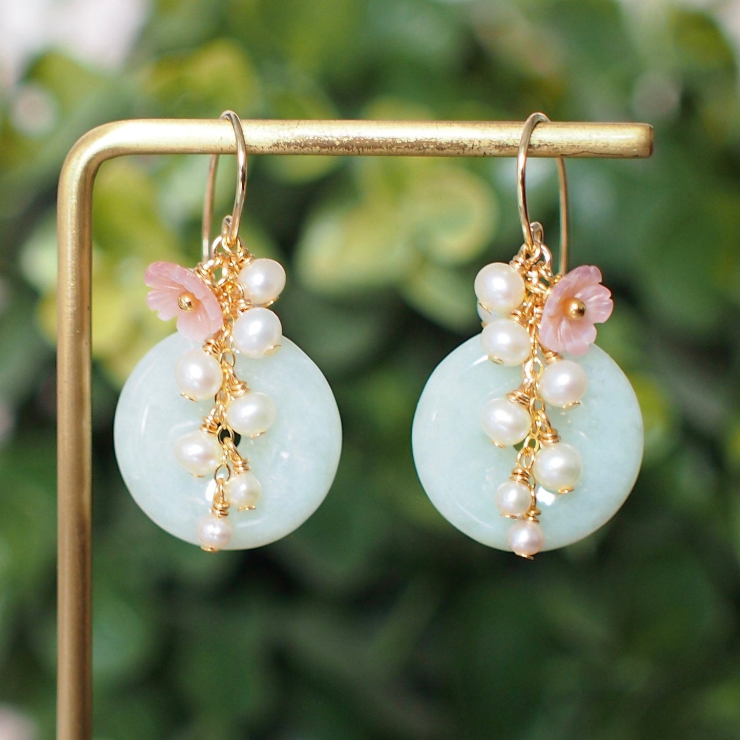 Type A Burmese Jade Donut Earrings // Pearl Cluster // Mother of Pearl Flower // 14K Gold-filled // Romantic & Graceful