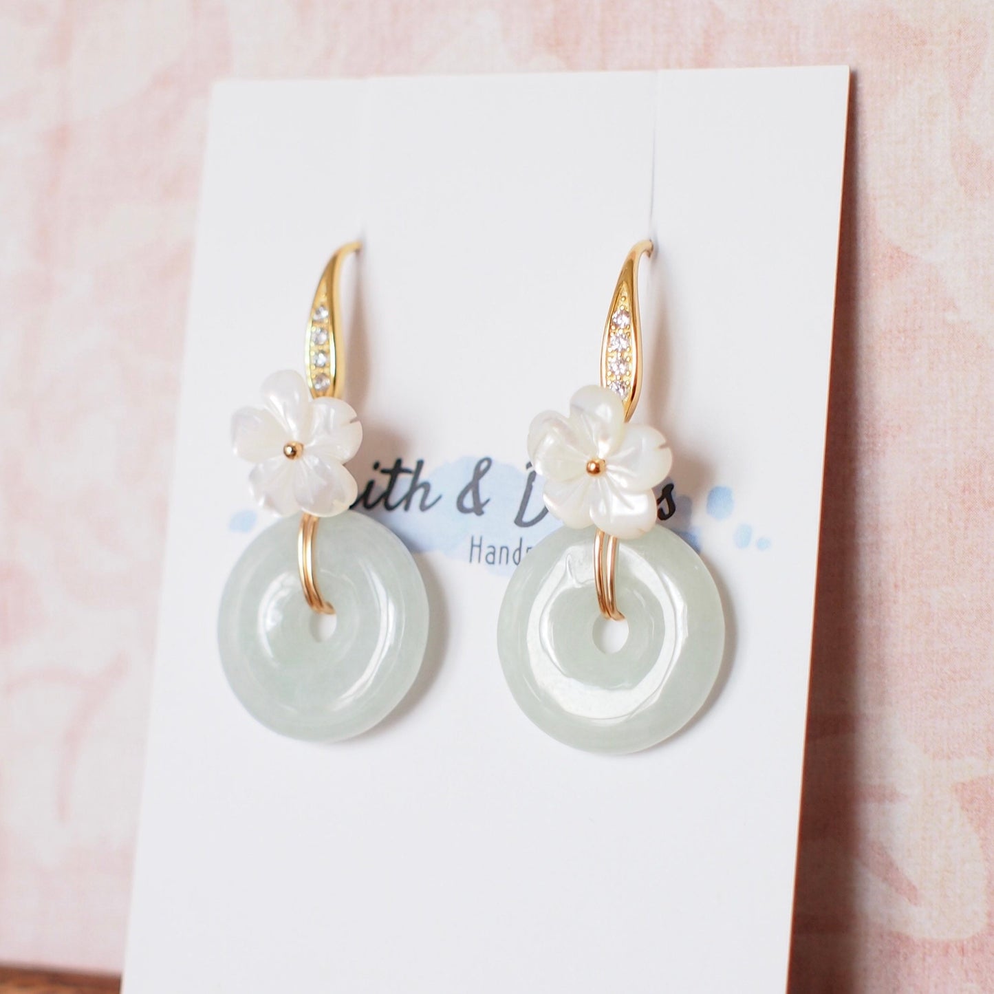 Type A Burmese Jade Donut Earrings // White Flower // 14K Gold-filled // Graceful and Gorgeous