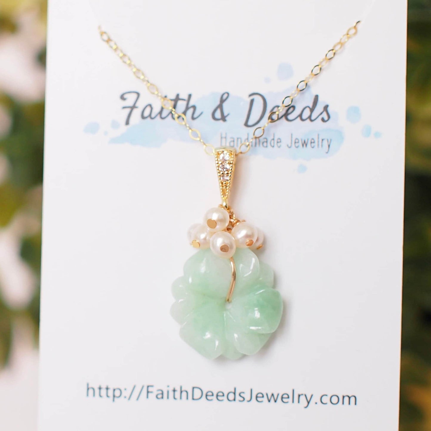 Type A Burmese Jade Flower Pendant // Fresh Water Pearl// 14K Gold-filled // Sweet & Classy