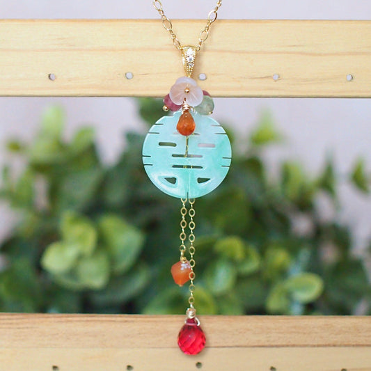 Type A Carved 囍 Jadeite Pendant // Long Statement Necklace // Bold & Gorgeous // 14K Gold-filled