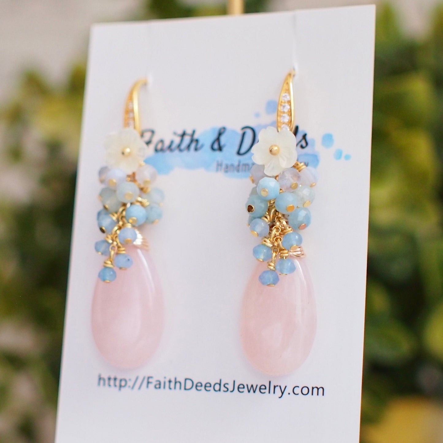 Rose Quartz Earrings // Statement Earrings // 14K Gold-filled // Blue Gem Cluster // Sweet & Whimsical