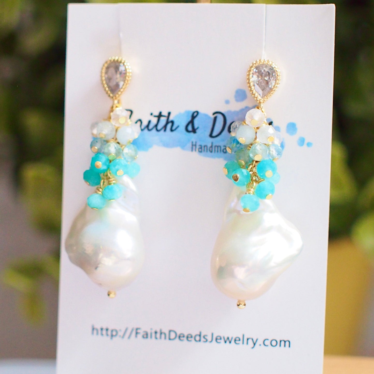 White Baroque Pearl Earrings // Flameball Pearls // Blue Gem Cluster // Ocean Theme // 14K Gold-filled // Sparkly & Stunning