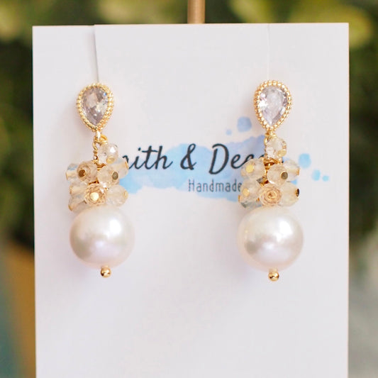 Fresh Water Pearl Earrings // Gem Cluster // Citrine Quartz // 14K Gold-filled
