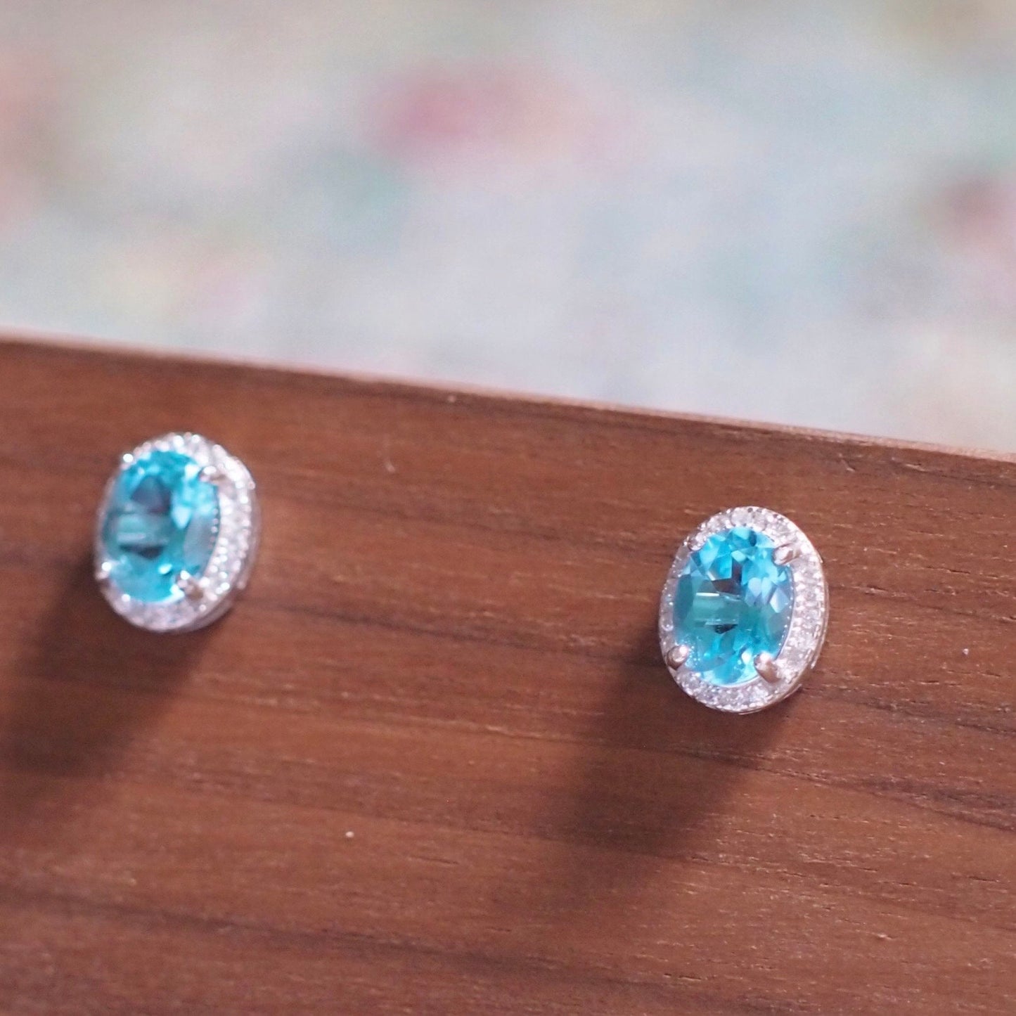 Blue Topaz Earrings // Halo Setting // Cubic Zirconia // 18K White Gold Plated Over Silver