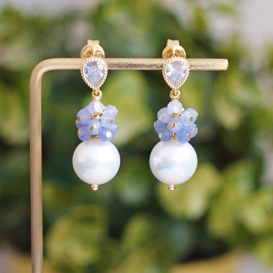 Fresh Water Pearl Earrings // Gem Cluster // Tanzanite // 14K Gold-filled