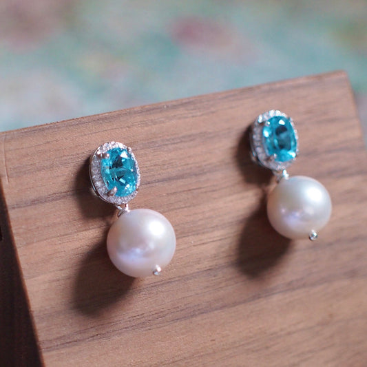 Blue Topaz Earrings // Halo Setting // Cubic Zirconia // 18K White Gold Plated Over Silver