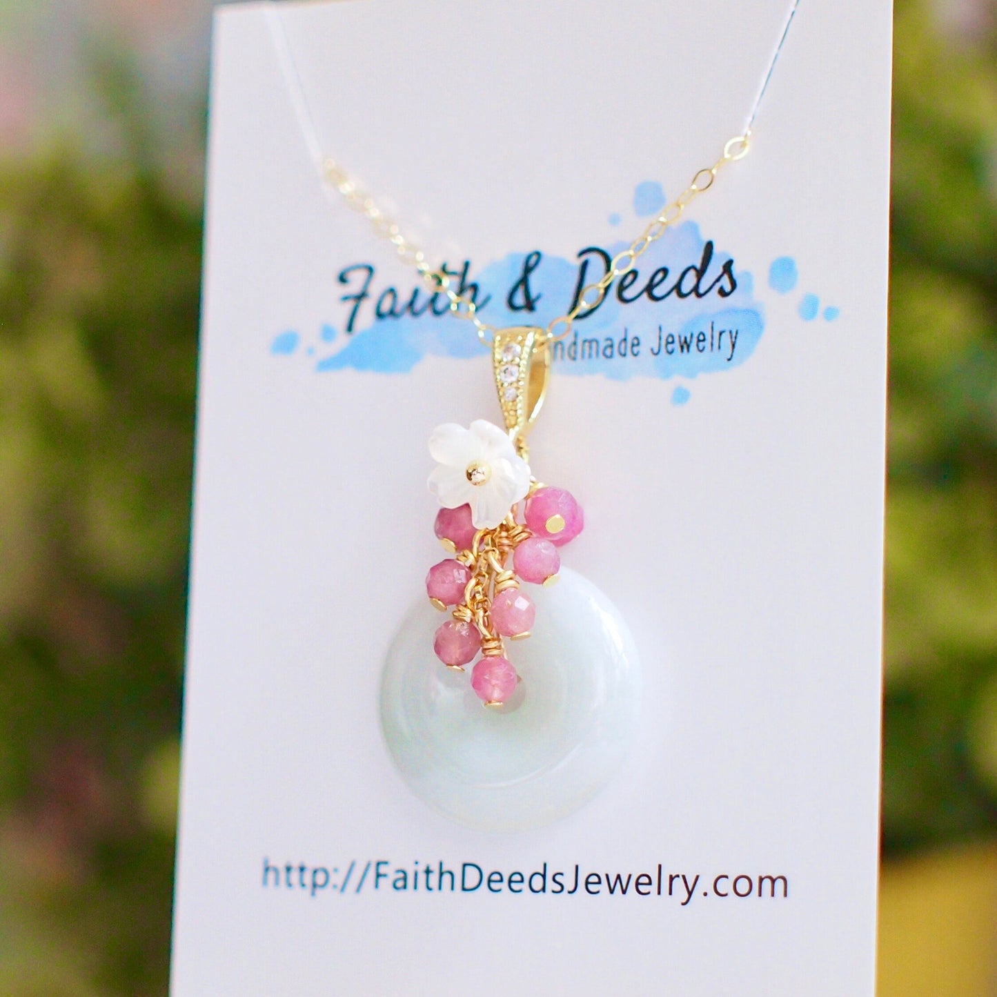 Type A Burmese Jade Donut Pendant // Pink Tourmaline Cluster // 14K Gold-filled