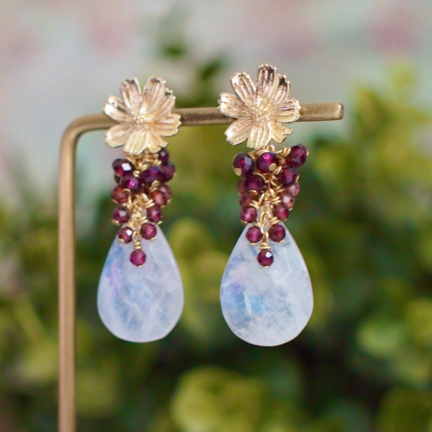 Rainbow Moonstone Earrings // Statement Earrings // Garnet Cluster // Regal & Elegant