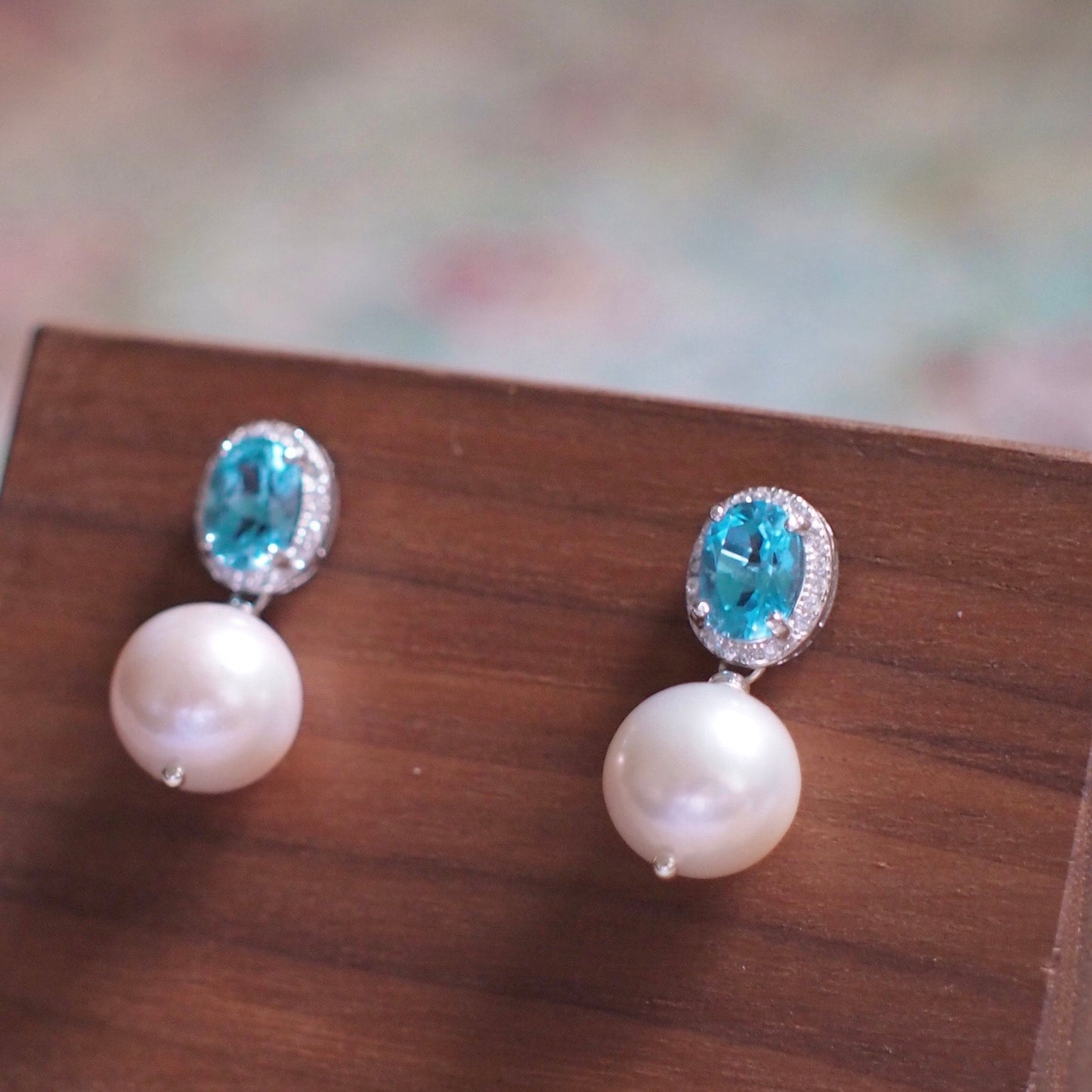 Blue Topaz Earrings // Halo Setting // Cubic Zirconia // 18K White Gold Plated Over Silver