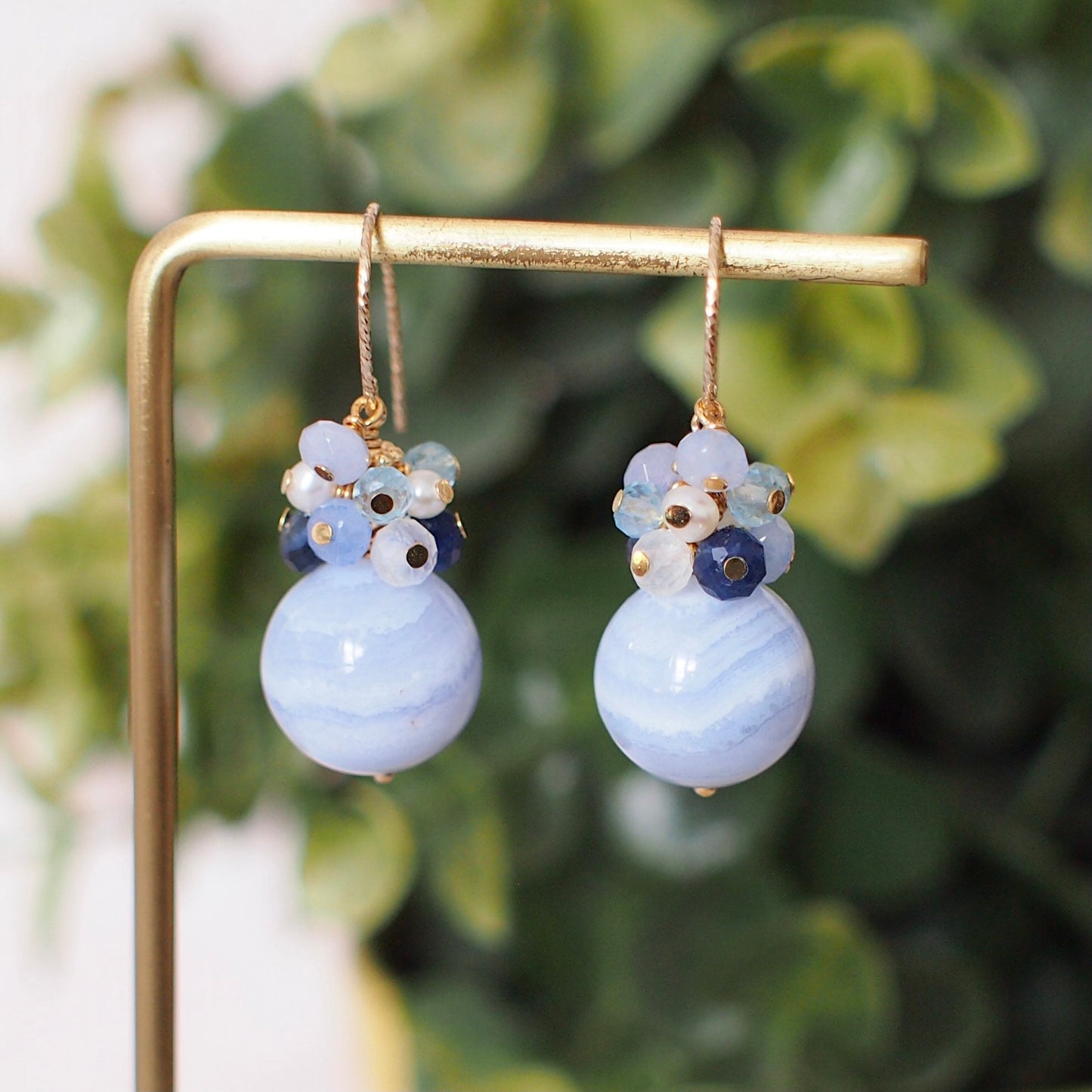 Blue Lace Agate Earrings // Blue Stones x Pearls Cluster// 14K Gold-filled // Lovely & Feminine