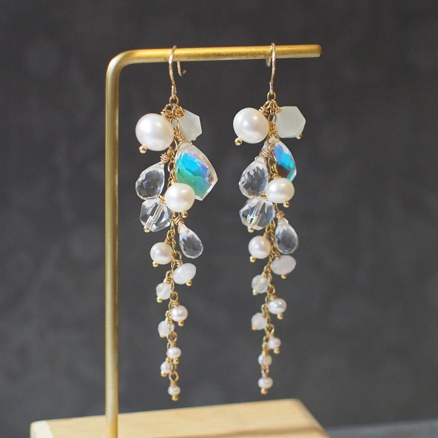 Multi Stones Dangle Earrings // White Theme // Dangling Style // Gems Cluster // Sparkly & Graceful // 14K Gold-filled // Bridal