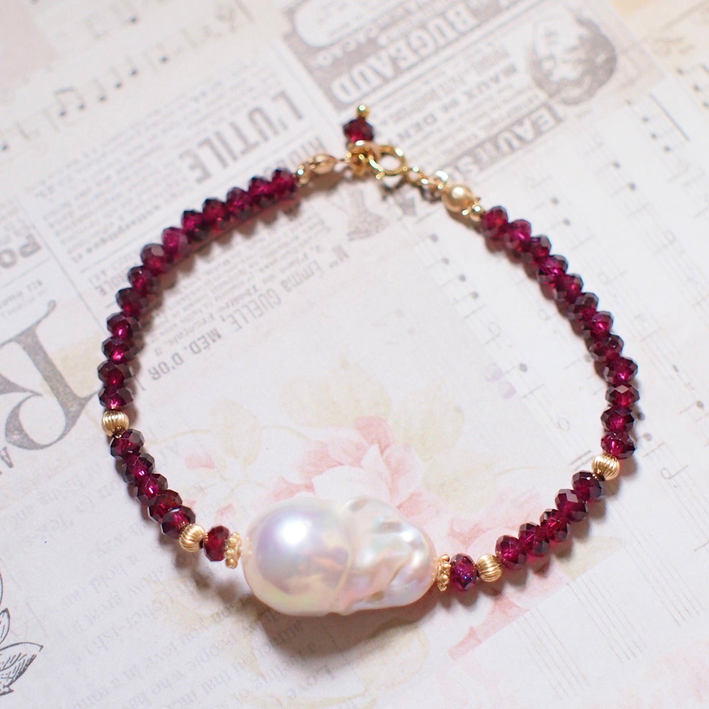 White Baroque Pearl x Garnet Bracelet // Bold & Elegant // 14K Gold-filled