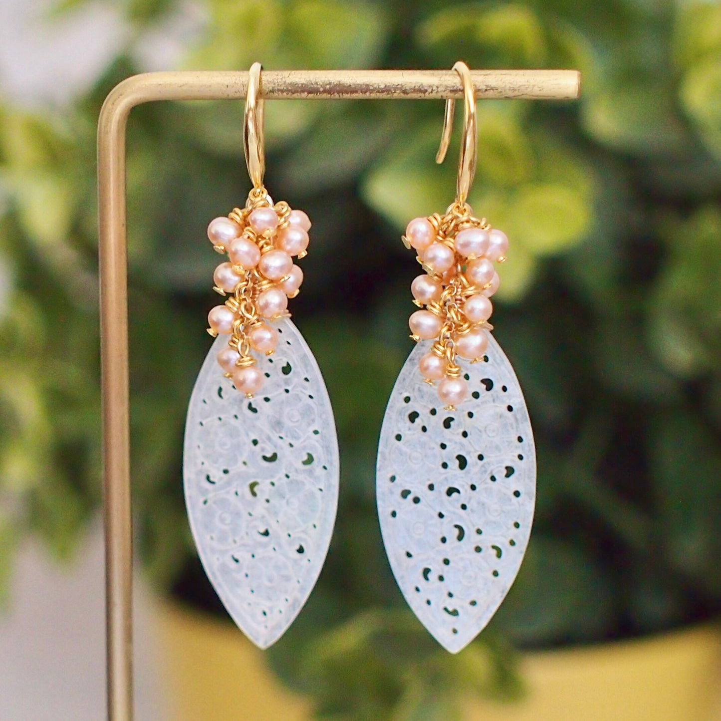 Type A White Carved Jadeite Statement Earrings // Peach Pearl Cluster // 14K Gold-filled // Graceful & Regal
