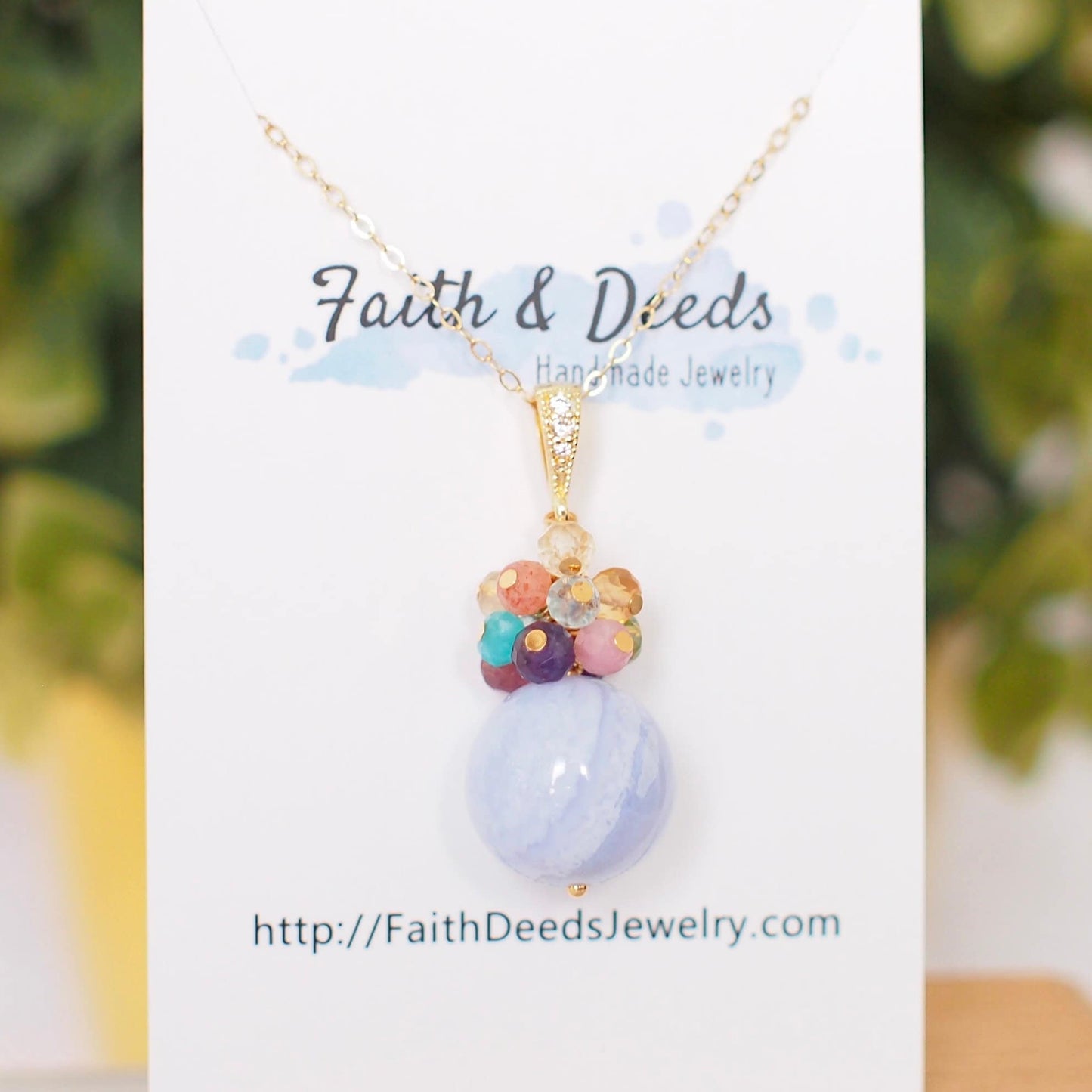 Blue Lace Agate Pendant // Gem Pendant // Rainbow Gem Cluster // 14K Gold-filled // Cheerful & Stunning
