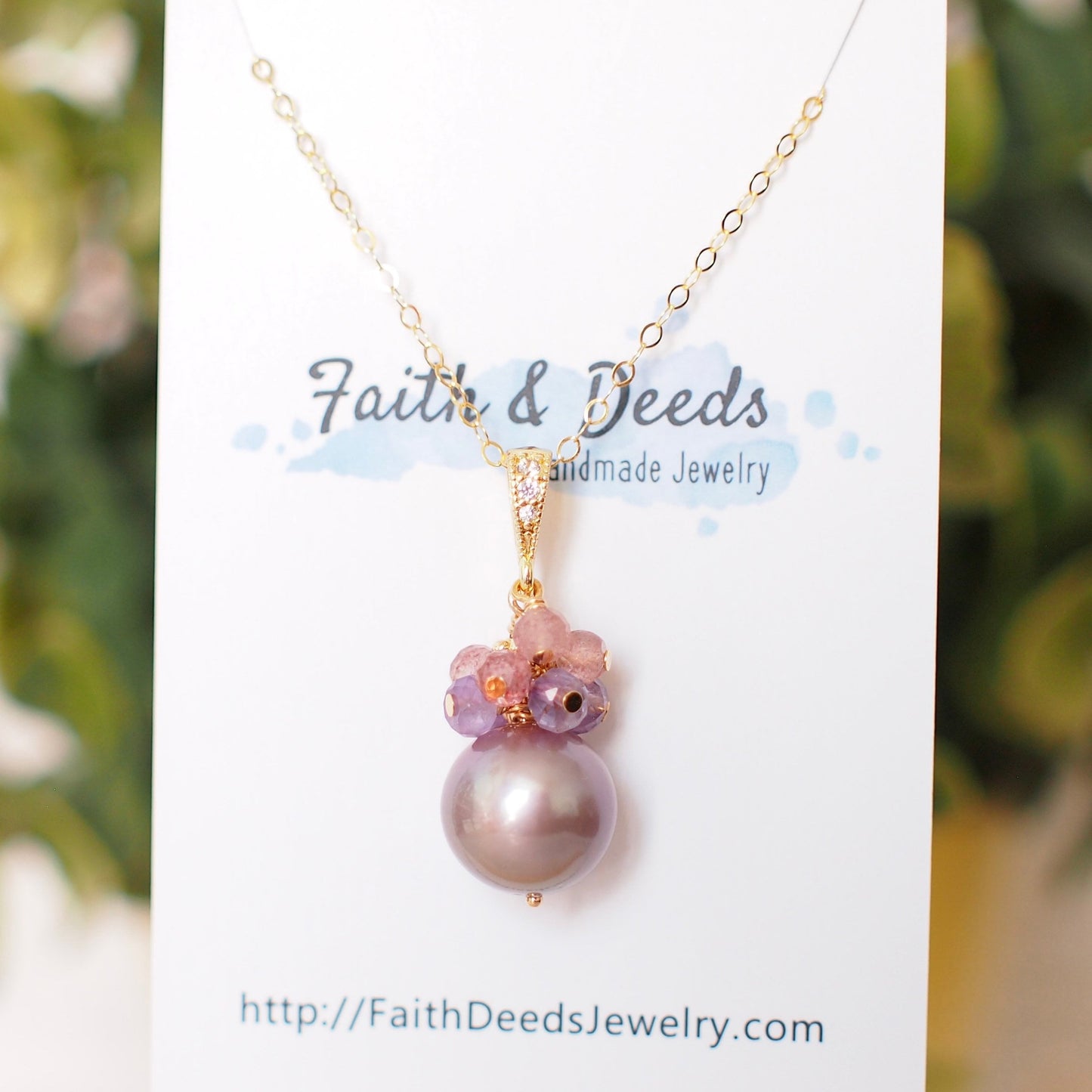 Edison Pearl Pendant // Natural Pinkish Purple // Amethyst x Strawberry Quartz Cluster // 14K Gold-filled