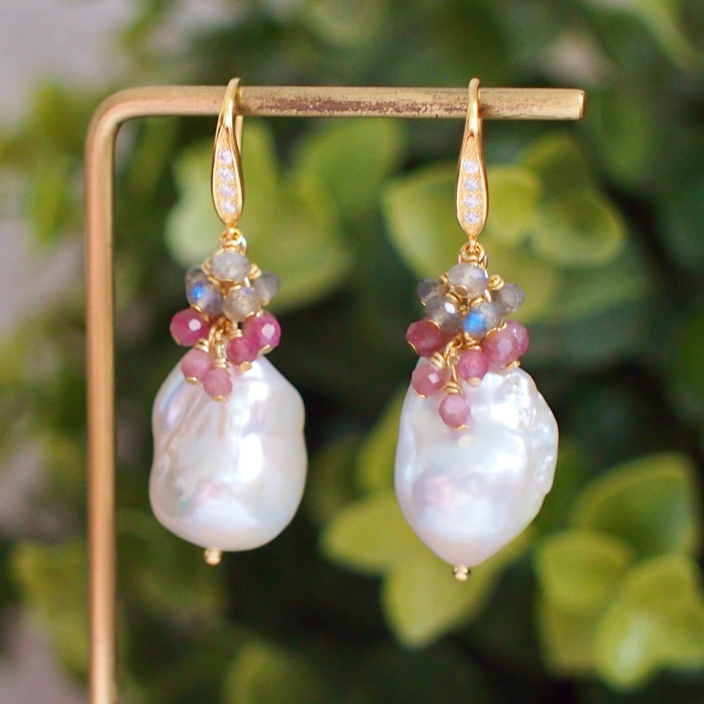 Baroque Pearl Earrings // Statement Earrings // Gems Cluster // Pink Tourmaline x Labradorite // 14K Gold-filled
