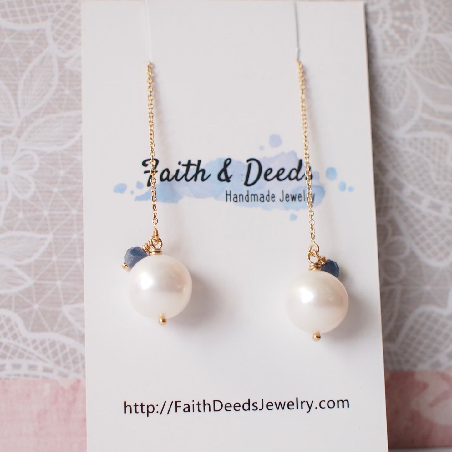Fresh Water Pearl Earrings // Simple Threader Earrings // Blue Sapphire // 14K Gold-filled // Dangling Style // Sassy