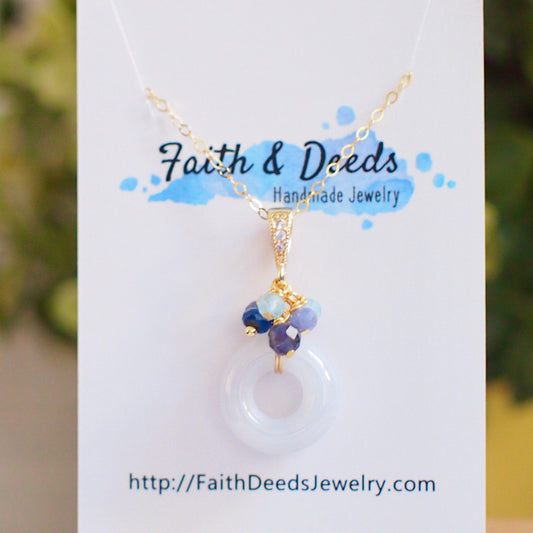 Type A Burmese White Jade Ring Pendant // Blue Gem Cluster // 14K Gold-filled // Dainty & Chic