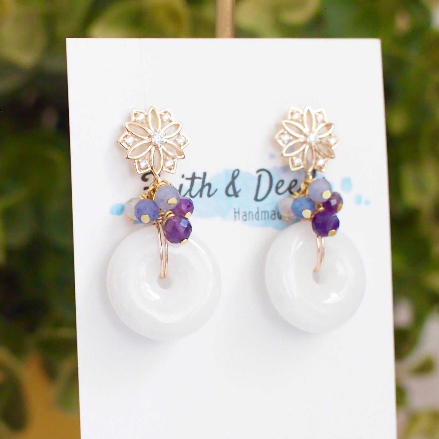 Type A Burmese White Jade Donut Earrings // Purple Gem Cluster // 14K Gold-filled // Modern & Classy
