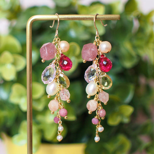 Multi Stones Dangle Earrings // Dangling Style // Gems Cluster // Sparkly & Precious // 14K Gold-filled