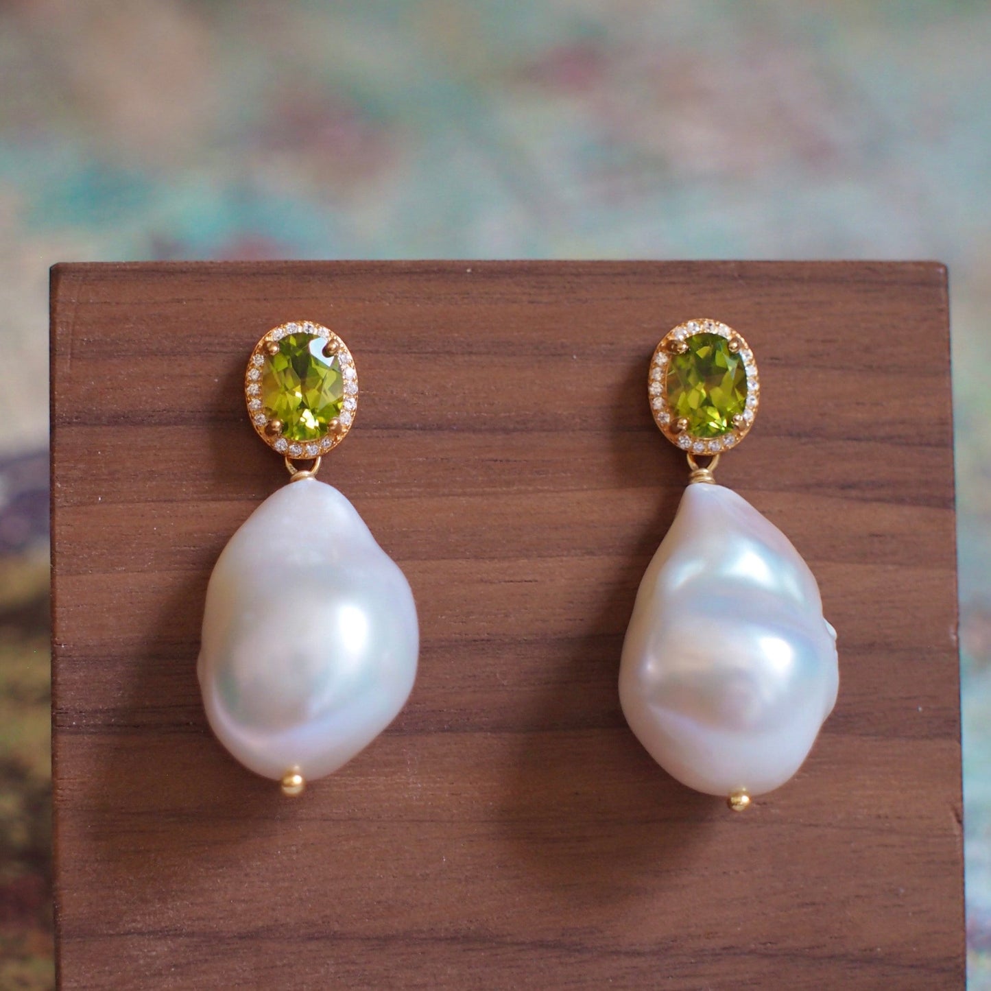 Peridot x White Baroque Pearl Earrings // Halo Setting // Cubic Zirconia // 18K Yellow Gold Plated Over Silver