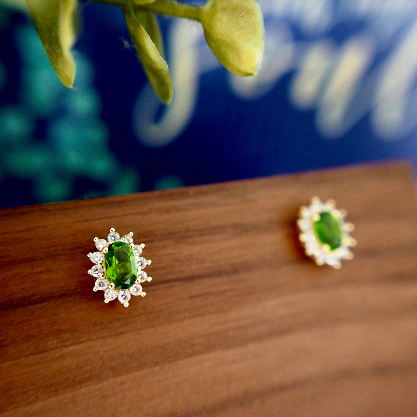 Diopside Earrings // Halo Setting // Cubic Zirconia // 14K Yellow Gold Plated Over Silver