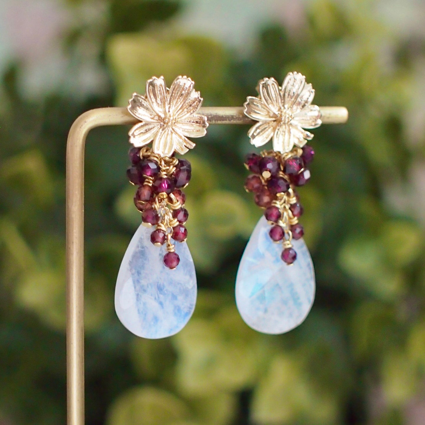 Rainbow Moonstone Earrings // Statement Earrings // Garnet Cluster // Regal & Elegant