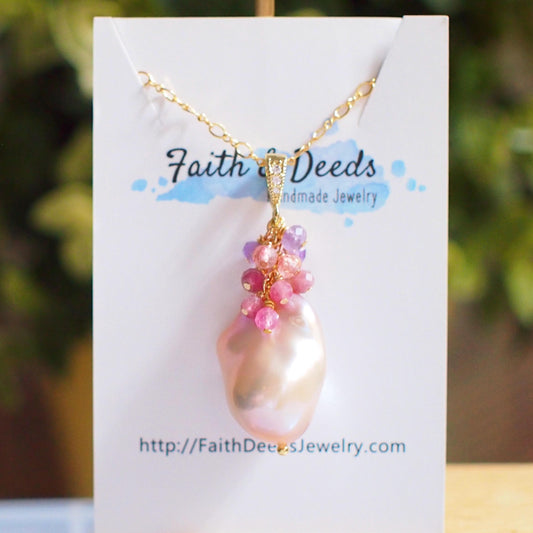 Rainbow Baroque Pearl Pendant // Flameball Pearl // Statement Necklace // Tourmaline x Strawberry Quartz x Amethyst // 14K Gold-filled
