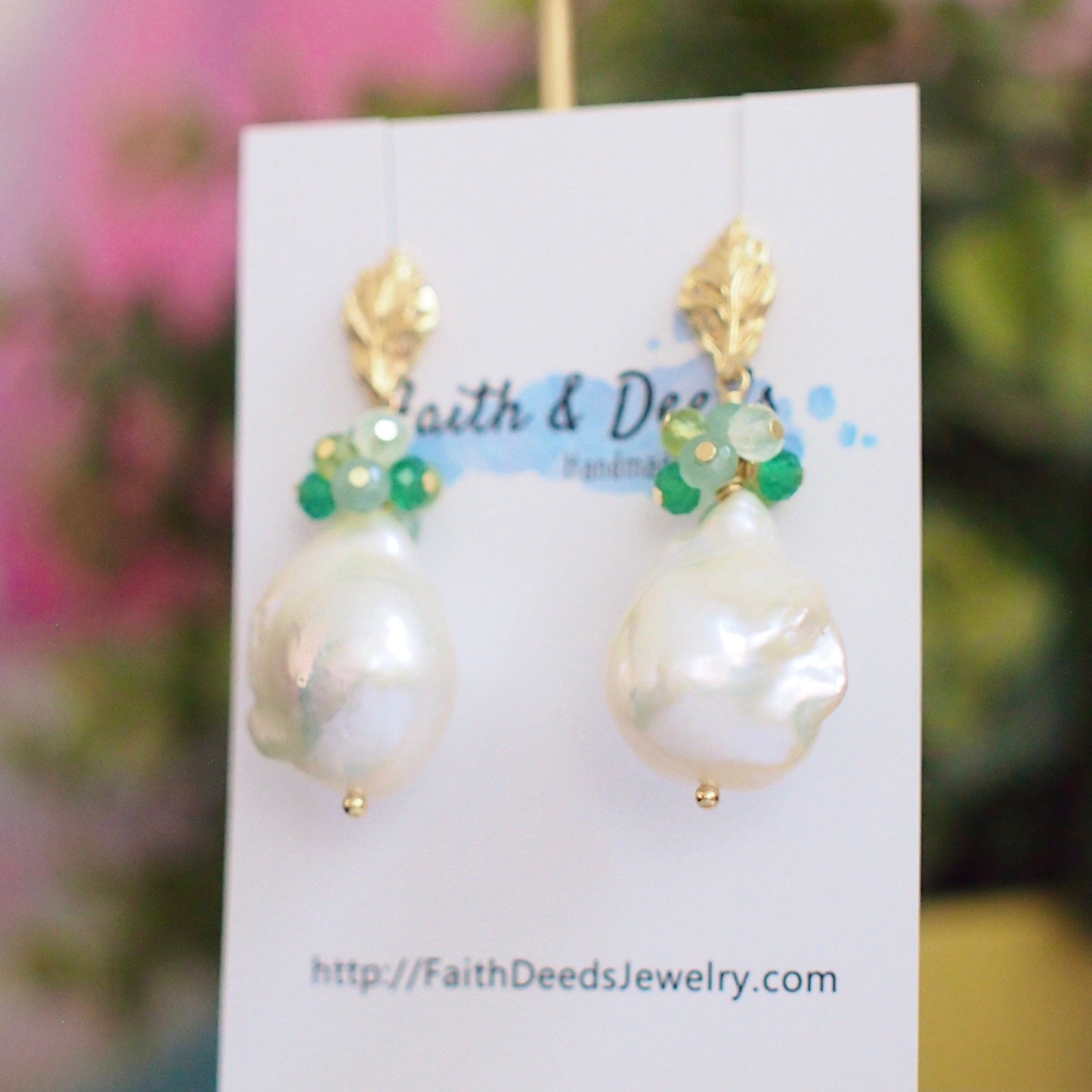 Baroque Pearl Earrings // Flameball Pearls // Green Gem Cluster // 14K Gold-filled // Stunning & Lovely