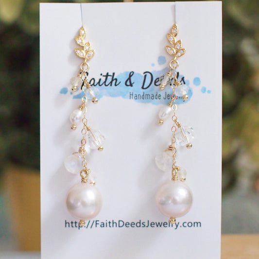 Fresh Water Pearl Earrings // Long Dangling Style // Sparkly & Graceful // 14K Gold-filled