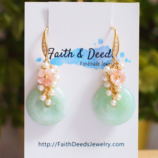 Type A Burmese Jade Donut Earrings // Pearl Cluster // Mother of Pearl Flower // 14K Gold-filled // Romantic & Elegant