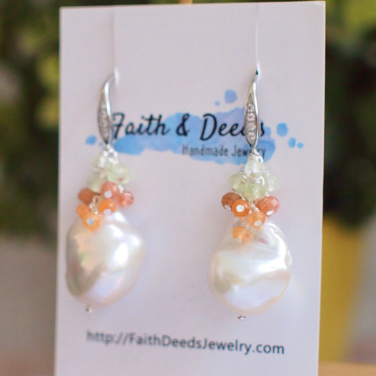 Baroque Pearl Earrings // Statement Earrings // Gems Cluster // Sunstone x Prehnite // 925 Sterling Silver