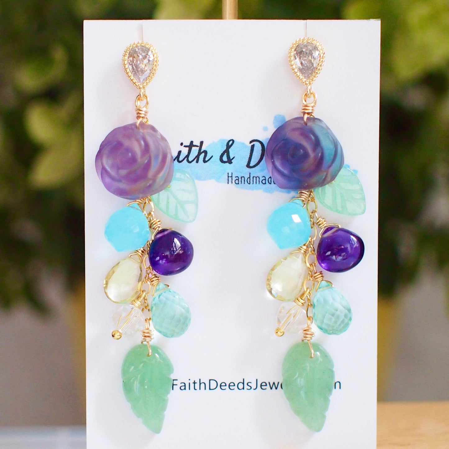 Carved Fluorite Rose x Multi Stones Earrings // Dangling Style // Statement Earrings // 14K Gold-filled