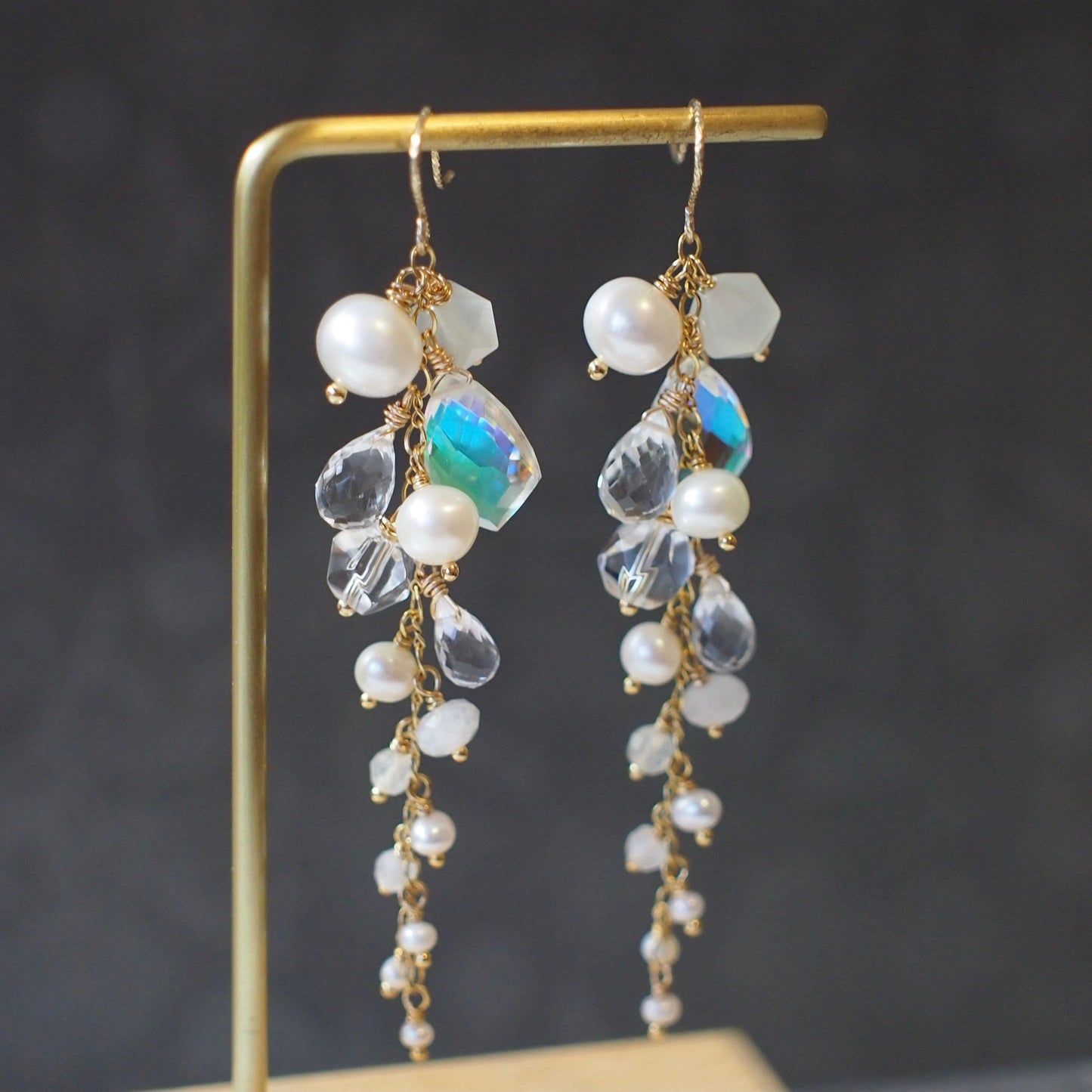 Multi Stones Dangle Earrings // White Theme // Dangling Style // Gems Cluster // Sparkly & Graceful // 14K Gold-filled // Bridal