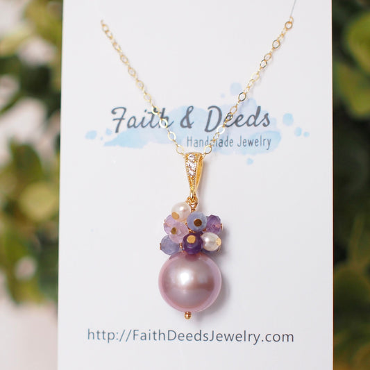 Edison Pearl Pendant // Natural Pinkish Purple // Amethyst x Tanzanite x Pearl Cluster // 14K Gold-filled
