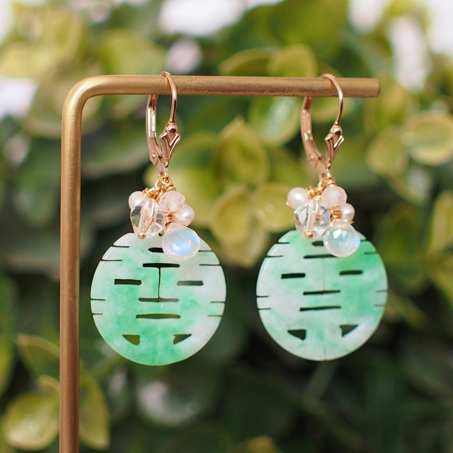 Type A Carved 囍 Jadeite Statement Earrings // Gem Cluster // 14K Gold-filled // Graceful & Elegant