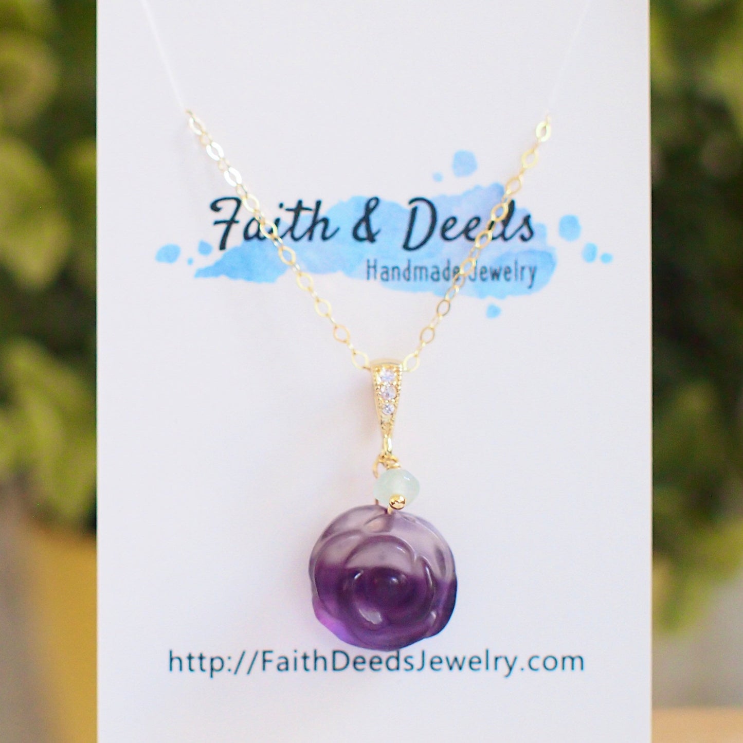 Carved Fluorite Rose Pendant // Gem Pendant // Mint Green Chalcedony Dangle // 14K Gold-filled // Dainty & Charming