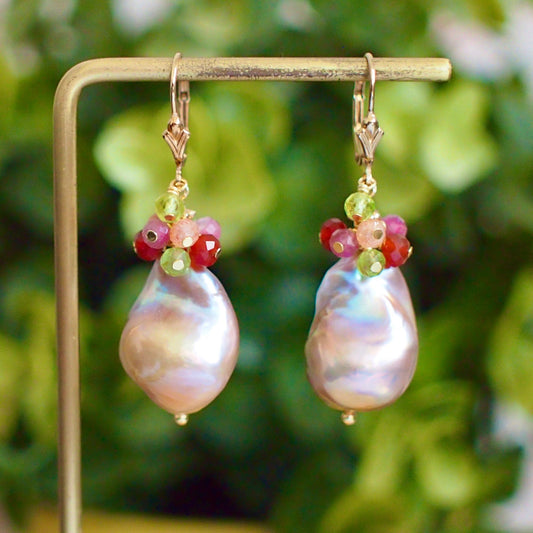 Rainbow Baroque Pearl Earrings // Gems Cluster // Flameball Pearls // 14K Gold-filled