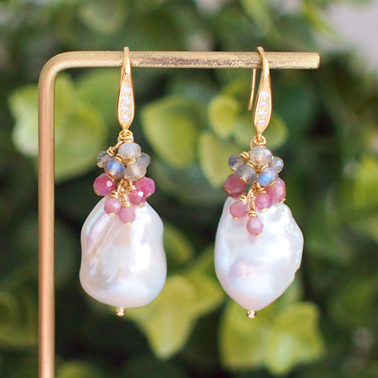 Baroque Pearl Earrings // Statement Earrings // Gems Cluster // Pink Tourmaline x Labradorite // 14K Gold-filled