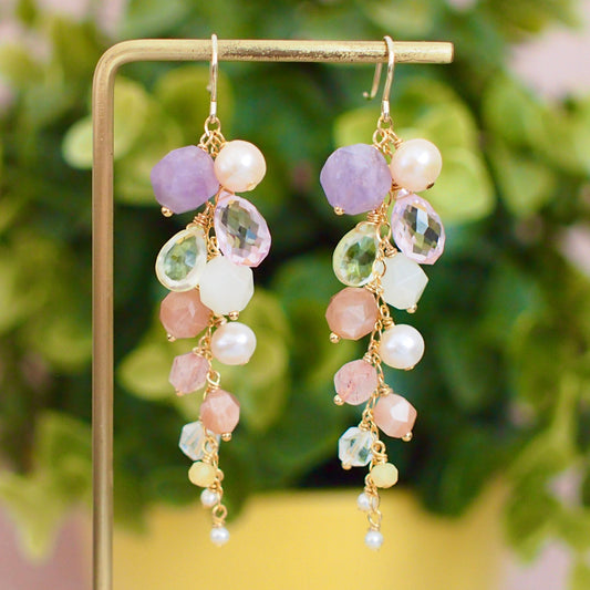 Multi Stones Dangle Earrings // Lilac Floral Theme // Dangling Style // Gems Cluster // Sparkly & Precious // 14K Gold-filled