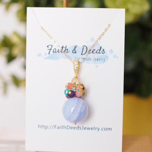 Blue Lace Agate Pendant // Gem Pendant // Rainbow Gem Cluster // 14K Gold-filled // Cheerful & Stunning