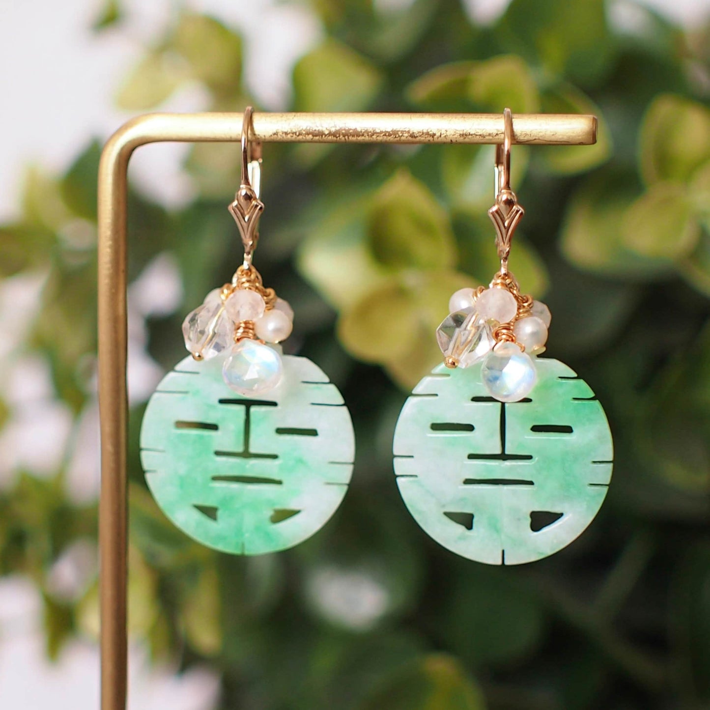 Type A Carved 囍 Jadeite Statement Earrings // Gem Cluster // 14K Gold-filled // Graceful & Elegant
